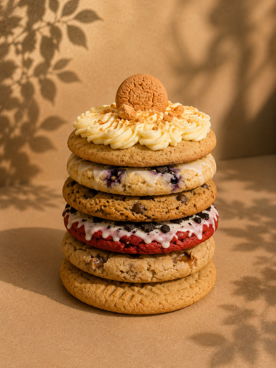 A warm-toned stack of six assorted Con Amor cookies