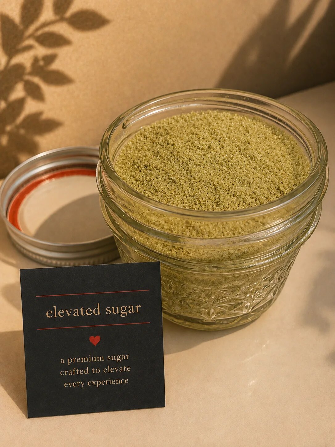 Elevated Sugar in a glass jar with its product card