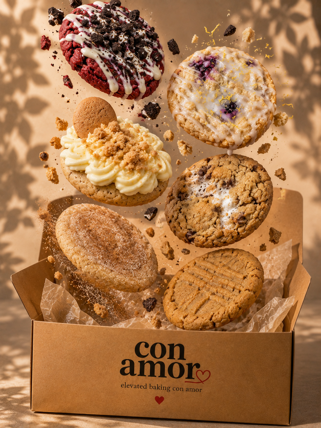 Six assorted Con Amor cookies falling into a branded kraft bakery box